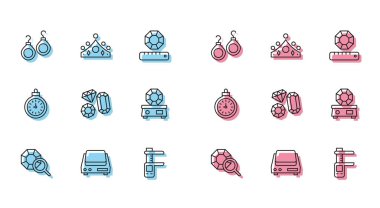 Mücevher taşı, elektronik mücevher pulları, küpeler, Calliper veya Caliper ve cep saati ve King Crown ikonu. Vektör