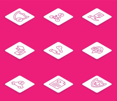 Shield 'ı dolar, bisiklet kiralama mobil uygulaması, ev sözleşmesi, anahtar, konum, araba ve ikon ile ayarla. Vektör