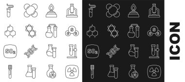 Radyoaktif, test tüpü şişesi, sülfür dioksit SO2, alkol ya da ruh yakıcı, molekül, kimyasal formül ve ikon hazırlayın. Vektör