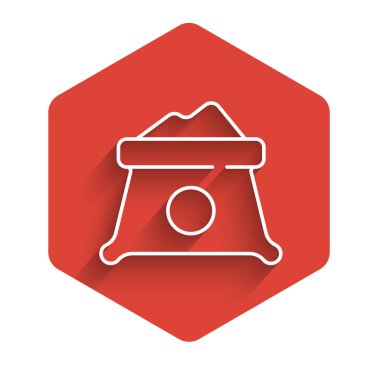 Un çuvalı simgesi uzun gölgeli beyaz çizgi. Kırmızı altıgen düğmesi. Vektör.