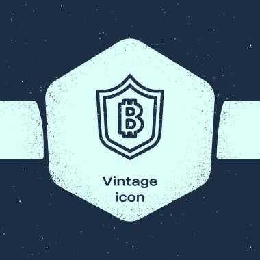 Mavi arka planda bitcoin simgesi olan Grunge hattı kalkanı. Kripto para madenciliği, engelleme teknolojisi, güvenlik, koruma, dijital para. Tek renkli klasik çizim. Vektör.