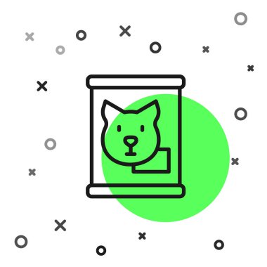 Siyah çizgi konserve yiyecek ikonu beyaz arkaplanda izole edilmiş. Hayvanlar için yiyecek. Evcil hayvan yiyeceği kutusu. Köpek kemiği işareti. Vektör