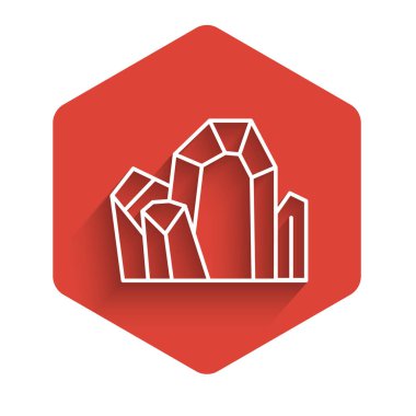 Beyaz çizgi taşı ikonu uzun gölge arkaplan izole. Mücevher sembolü. Elmas. Kırmızı altıgen düğmesi. Vektör