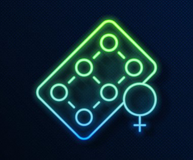 Glowing neon line Packaging of birth control pills icon isolated on blue background. Contraceptive pill.  Vector