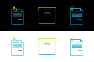 Satır Dosya belgesi ve ataç, iğnelenmiş düğme ve karton kutu simgesiyle not al. Vektör