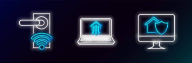 Hat bilgisayar monitörünü ev koruması altında, kablosuz kablosuz kilit açma teknolojisi ve dizüstü bilgisayar akıllı ev simgesi için ayarla. Parlayan neon. Vektör