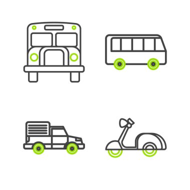 Scooter hattı, kargo kamyonu, otobüs ve okul ikonu. Vektör