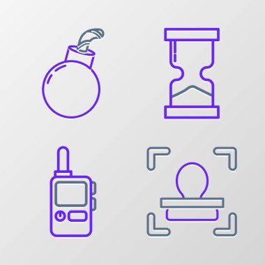 Yüz tanıma, telsiz, eski kum saati ve bomba ikonu hazır. Vektör