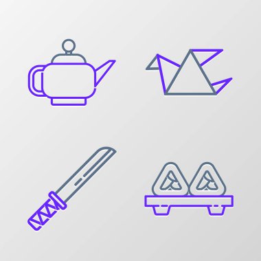 Kesme tahtasında sushi, geleneksel Japon katanası, Origami kuşu ve çay töreni ikonu. Vektör