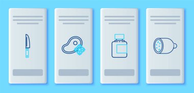 Taze donmuş biftek, sos şişesi, bıçak ve salam ikonu. Vektör