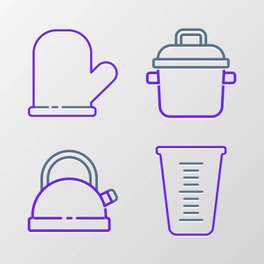 Çizgi ölçme kabı, saplı çaydanlık, tencere ve fırın eldiveni ikonu. Vektör