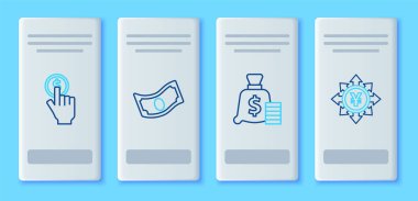 Hat Stacks kağıt para, para çantası, bozuk para ve Yen ikonlu madeni para. Vektör