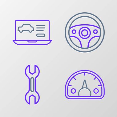 Hız göstergesi, İngiliz anahtarı, direksiyon simidi ve araba simgesinin tanısal durumunu ayarla. Vektör