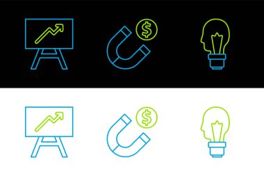 Fikir kavramına sahip çizgi lambası, grafik tablosu ve mıknatıs para ikonu. Vektör