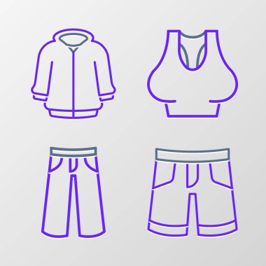 Çizgi kısa veya pantolon, pantolon, atlet ve kapüşonlu simge. Vektör