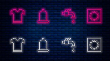 Prezervatif, çeşme suyu, tişört ve paket güvenli seks. Tuğla duvarda parlayan neon simgesi. Vektör.