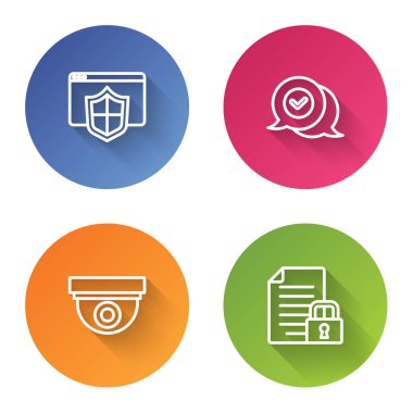 Tarayıcıyı kalkanla ayarla, konuşma balonunu işaretle, güvenlik kamerası ve belge al ve kilitle. Renkli daire düğmesi. Vektör