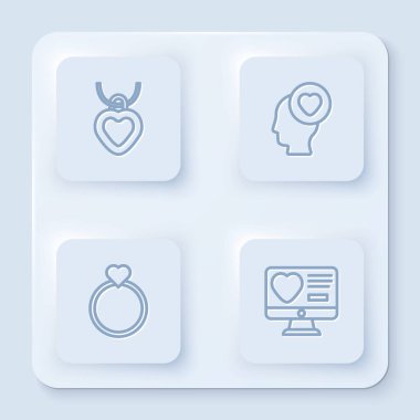 Kalp şeklinde bir kolye, kafa, alyans ve randevu uygulamasını çevrimiçi ayarla. Beyaz kare düğme. Vektör