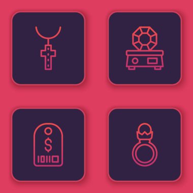 Christian 'ı zincirle, Price' ı dolarla, Mücevher Taşı 'nı ve Elmas Nişan Yüzüğü' nü işaretle. Mavi kare düğme. Vektör