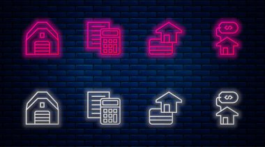 Hesap makinesi, kredi kartı, garaj ve House 'u bir dolarla ayarla. Tuğla duvarda parlayan neon simgesi. Vektör