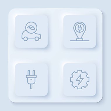 Hattı ayarla Eko araba, park elektriğini şarj et, elektrik prizi, dişli ve şimşek. Beyaz kare düğme. Vektör