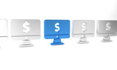 Beyaz arkaplanda dolar sembolü olan mavi bilgisayar monitörü. İnternetten alışveriş konsepti. İnternetten kazanç, pazarlama. Minimalizm kavramı. 3 Boyutlu resimleme.