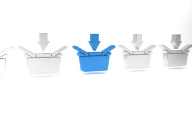 Mavi alışveriş sepeti simgesi beyaz arkaplanda izole edildi. İnternetten satın alma konsepti. Servis tabelası. Alışveriş arabası sembolü. Minimalizm kavramı. 3 Boyutlu resimleme.