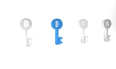 Mavi Kripto Para Birimi Bitcoin anahtar simgesi beyaz arkaplanda izole edildi. Siber güvenlik kavramı ya da teknolojik arayüzü olan dijital anahtar. Minimalizm kavramı. 3 Boyutlu resimleme.