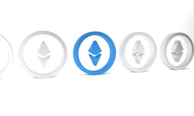 Mavi Kripto para birimi Ethereum ETH simgesi beyaz arka planda izole edildi. Altcoin sembolü. Engelleme zinciri tabanlı şifreli para birimi. Minimalizm kavramı. 3 Boyutlu resimleme.