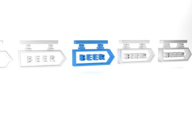 Beyaz zemin üzerinde yazılı bira simgesi olan Blue Street tabelası. Reklamlar için uygun bar, kafe, bar, restoran. Minimalizm kavramı. 3 Boyutlu resimleme.