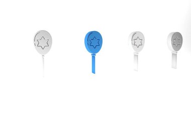 Beyaz arka planda izole edilmiş, kurdeleli mavi balonlar ve David ikonu yıldızı. İsrail bayraklı balon. Minimalizm kavramı. 3 Boyutlu resimleme.