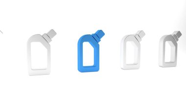 Sıvı çamaşır deterjanı, çamaşır suyu, bulaşık deterjanı ya da beyaz arka planda izole edilmiş başka bir temizlik maddesi ikonu için mavi plastik şişe. Minimalizm kavramı. 3 Boyutlu resimleme.
