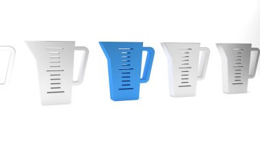 Beyaz arka planda izole edilmiş kuru ve sıvı yiyecek ikonunu ölçmek için mavi ölçü kabı. Plastik şişenin sapı var. Minimalizm kavramı. 3 Boyutlu resimleme.