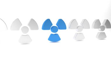 Mavi Radyoaktif simge beyaz arkaplanda izole edildi. Radyoaktif zehirli sembol. Radyasyon tehlikesi işareti. Minimalizm kavramı. 3 Boyutlu resimleme.