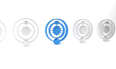 Mavi Güneş Sistemi simgesi beyaz arkaplanda izole edildi. Gezegenler yıldızın etrafında dönerler. Minimalizm kavramı. 3 Boyutlu resimleme.