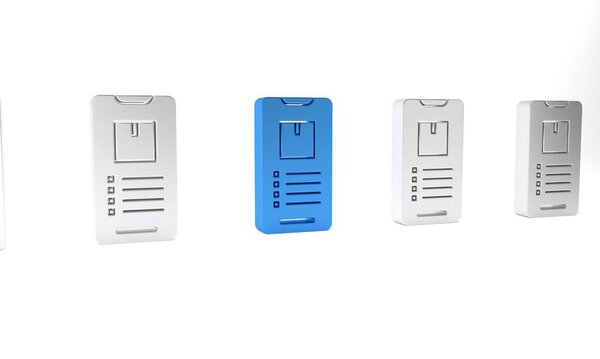 Blue Mobile smart phone with app delivery tracking icon isolated on white background. Parcel tracking. Minimalism concept. 3D render illustration.