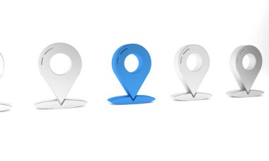 Mavi Harita iğne simgesi beyaz arkaplanda izole edildi. Navigasyon, işaret, konum, harita, GPS, yön, yer konsepti. Minimalizm kavramı. 3 Boyutlu resimleme.