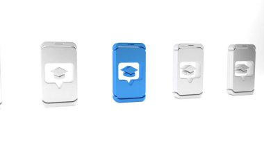 Ekran akıllı telefon simgesindeki mavi mezuniyet başlığı beyaz arkaplanda izole edildi. Çevrimiçi öğrenme ya da e-öğrenme kavramı. Minimalizm kavramı. 3 Boyutlu resimleme.