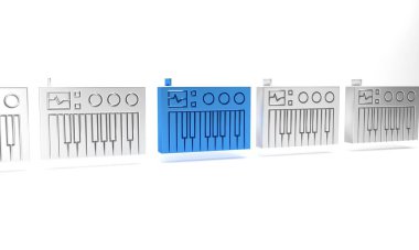 Mavi Müzik Sentezleyici simgesi beyaz arkaplanda izole edildi. Elektronik piyano. Minimalizm kavramı. 3 Boyutlu resimleme.