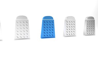 Mavi Grater simgesi beyaz arkaplanda izole edildi. Mutfak sembolü. Mutfak aletleri. Çatal bıçak seti. Minimalizm kavramı. 3 Boyutlu resimleme.