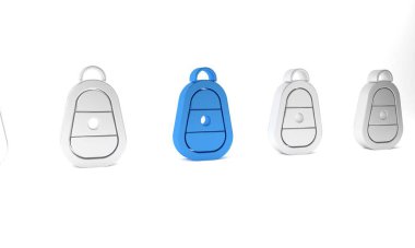 Uzaktan kumandalı mavi araba anahtarı beyaz arkaplanda izole edilmiş. Araba anahtarı ve alarm sistemi. Minimalizm kavramı. 3 Boyutlu resimleme.