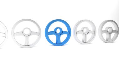 Mavi direksiyon simgesi beyaz arkaplanda izole edilmiş. Araba tekeri ikonu. Minimalizm kavramı. 3 Boyutlu resimleme.