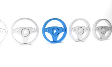 Mavi direksiyon simgesi beyaz arkaplanda izole edilmiş. Araba tekeri ikonu. Minimalizm kavramı. 3 Boyutlu resimleme.