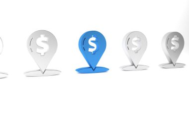 Mavi Nakit lokasyon simgesi beyaz arkaplanda izole edildi. İşaretçi ve dolar sembolü. Para yeri. İş ve yatırım konsepti. Minimalizm kavramı. 3 Boyutlu resimleme.