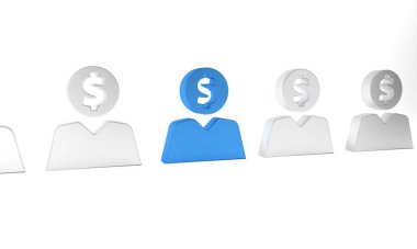 Mavi İş Adamı beyaz arka planda izole edilmiş zihin ikonu planlıyor. Dolarlı insan kafası. Para kazanmak için bir fikir. Yatırım artışı. Minimalizm kavramı. 3 Boyutlu resimleme.