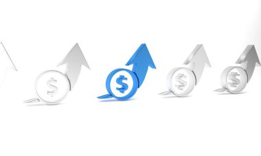 Mavi Finansal büyüme ve madeni para ikonu beyaz arka planda izole edilmiş. Gelirleri arttırıyorum. Minimalizm kavramı. 3 Boyutlu resimleme.