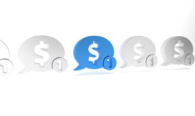 Beyaz arka planda dolar simgesi olan mavi konuşma balonu. Rozet fiyatına. Dolar sembollü indirim. Reklam etiketi indirimi. Minimalizm kavramı. 3 Boyutlu resimleme.