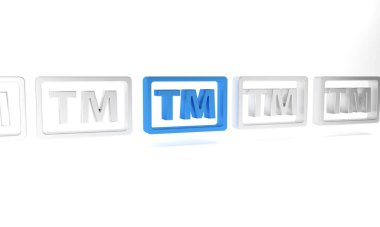 Beyaz arkaplanda mavi marka simgesi izole edildi. TM 'nin kısaltması. Minimalizm kavramı. 3 Boyutlu resimleme.