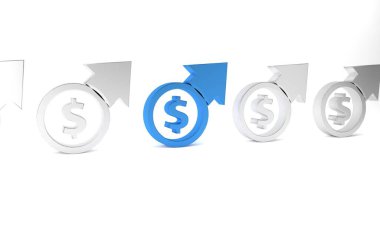 Mavi Finansal büyüme ve madeni para ikonu beyaz arka planda izole edilmiş. Gelirleri arttırıyorum. Minimalizm kavramı. 3 Boyutlu resimleme.