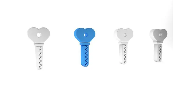 stock image Blue Key in heart shape icon isolated on white background. Valentines day. Minimalism concept. 3D render illustration.